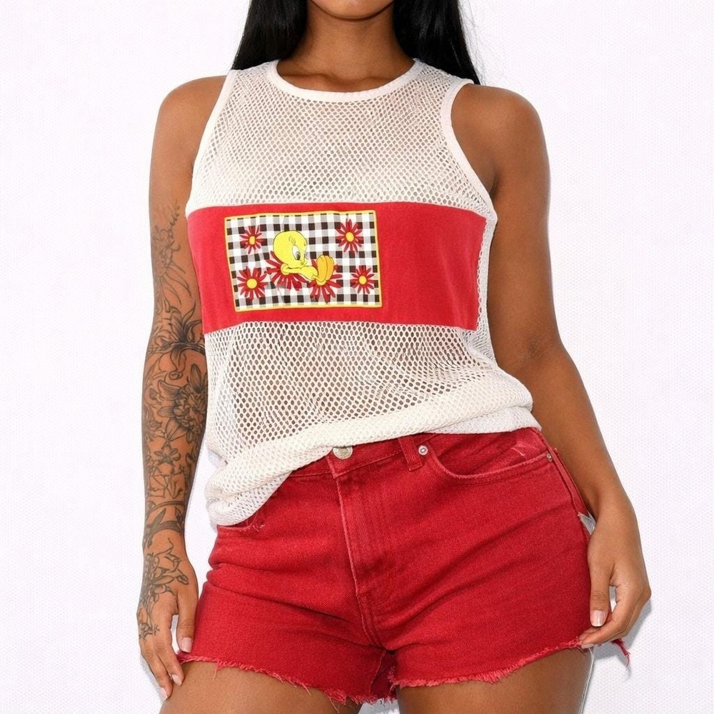 90s Vintage Tweety Mesh Tank Top Womens S Looney Tunes Red Gingham Y2K Cartoon